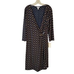 Charter Club Womens XL Navy Blue Chain Link Faux Wrap Dress 3/4 Sleeve NWT
